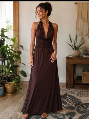 Halter Ruched Maxi Dress in Chocolate Brown